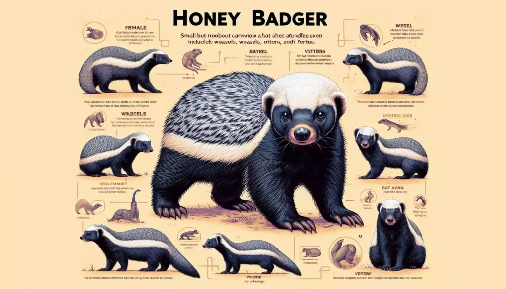 The honey badger, also known as the ratel, is a small but robust carnivore that belongs to the family Mustelidae, which includes weasels, otters, and ferrets. Despite its name, the honey badger